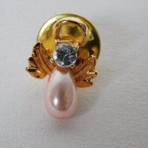 Angel Faux Pink Drop Pearl Clear Rhinestone Wings Halo Fashion Jewelry Lapel Pin